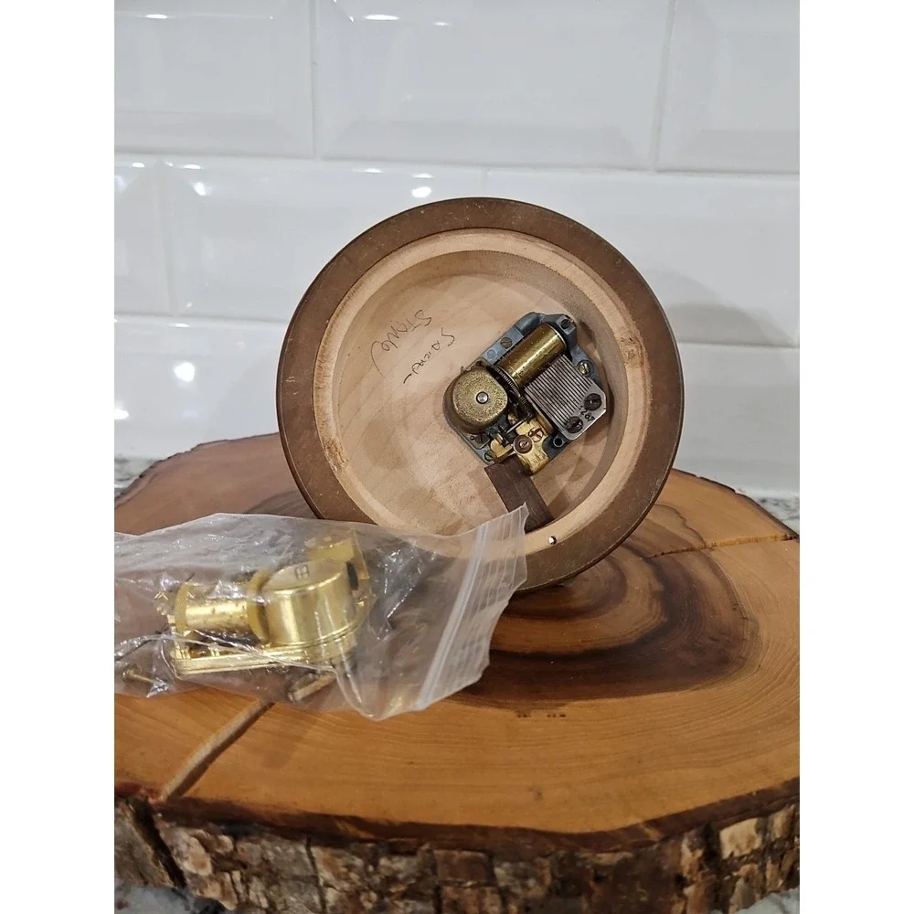 VINTAGE REUGE ROTATING WOOD CARVED MUSIC BOX HAS Girl, Dog,mushroom And Bird 5×5